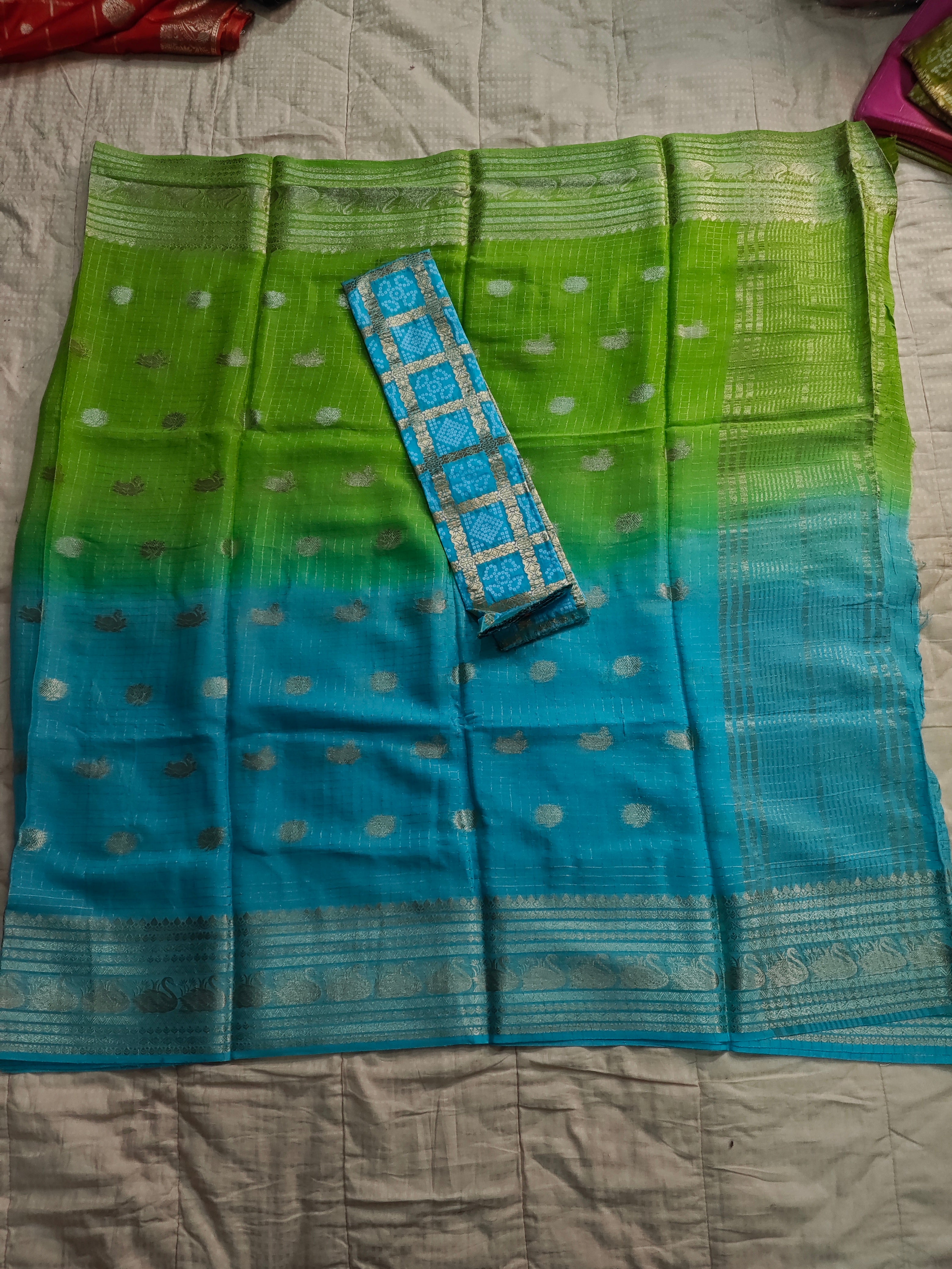 Pure Chinnon Blue colour saree with green combination