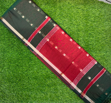 Maheshwari Cotton ( Bottle Green & Red pallu )