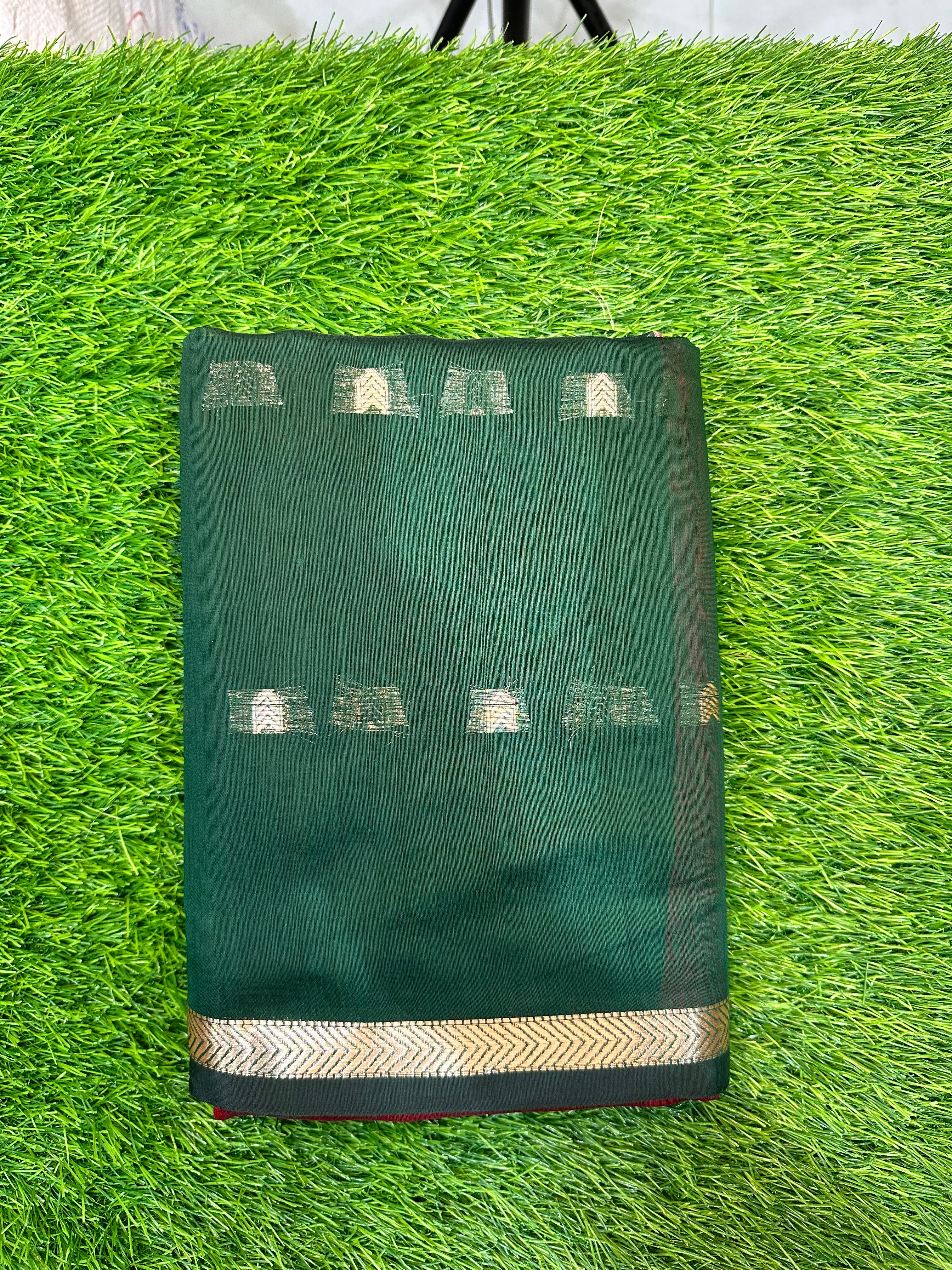 Maheshwari Cotton ( Bottle Green & Red pallu )