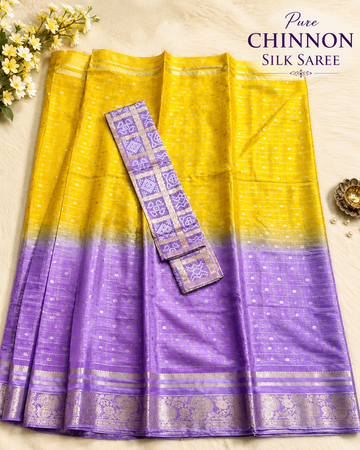 Pure Chinnon Yellow colour saree with Purple combination