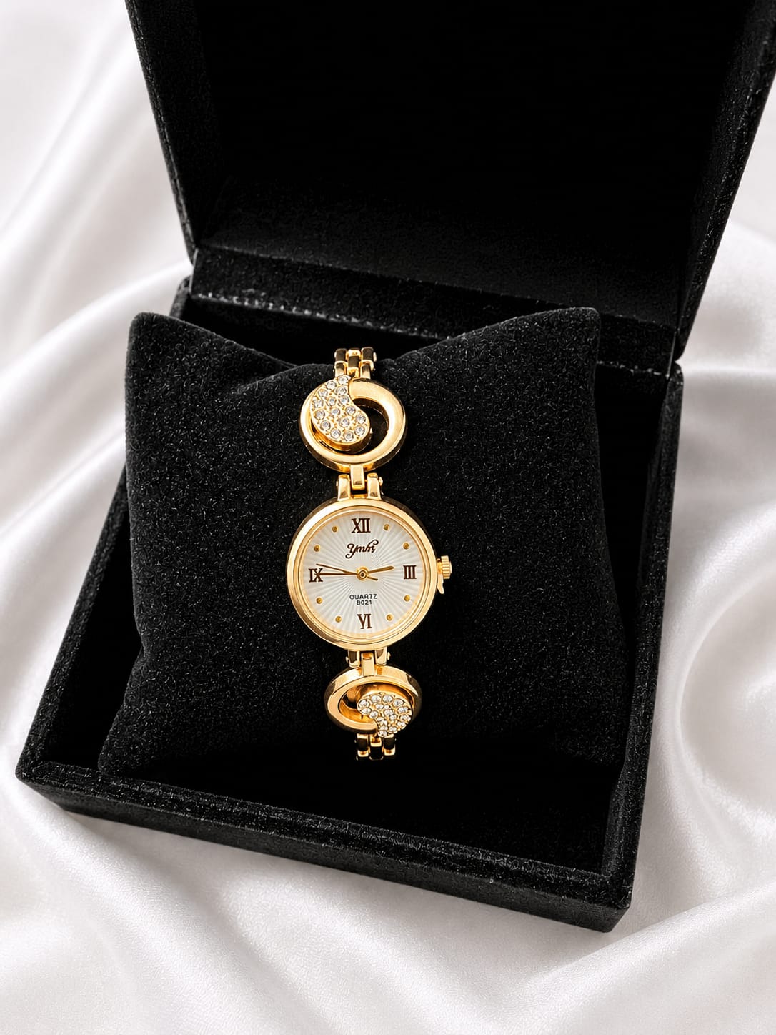 elagant gold -tone womens crystal bracelet analog quartz wrist watch-3