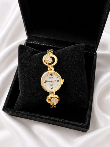 elagant gold -tone womens crystal bracelet analog quartz wrist watch-3