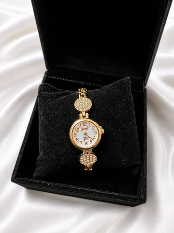 elegant gold -tone womens crystal bracelet analog quartz wrist watch-4