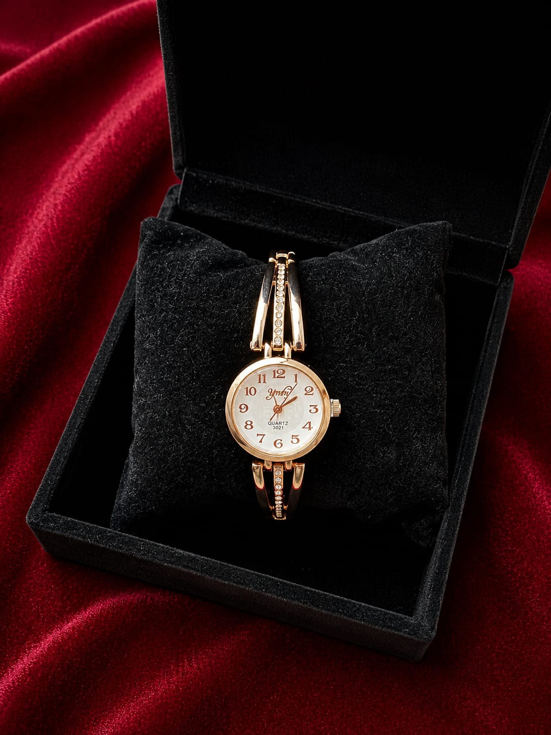elegant gold-tone womens crystal bracelet analog quartz wrist watch-8