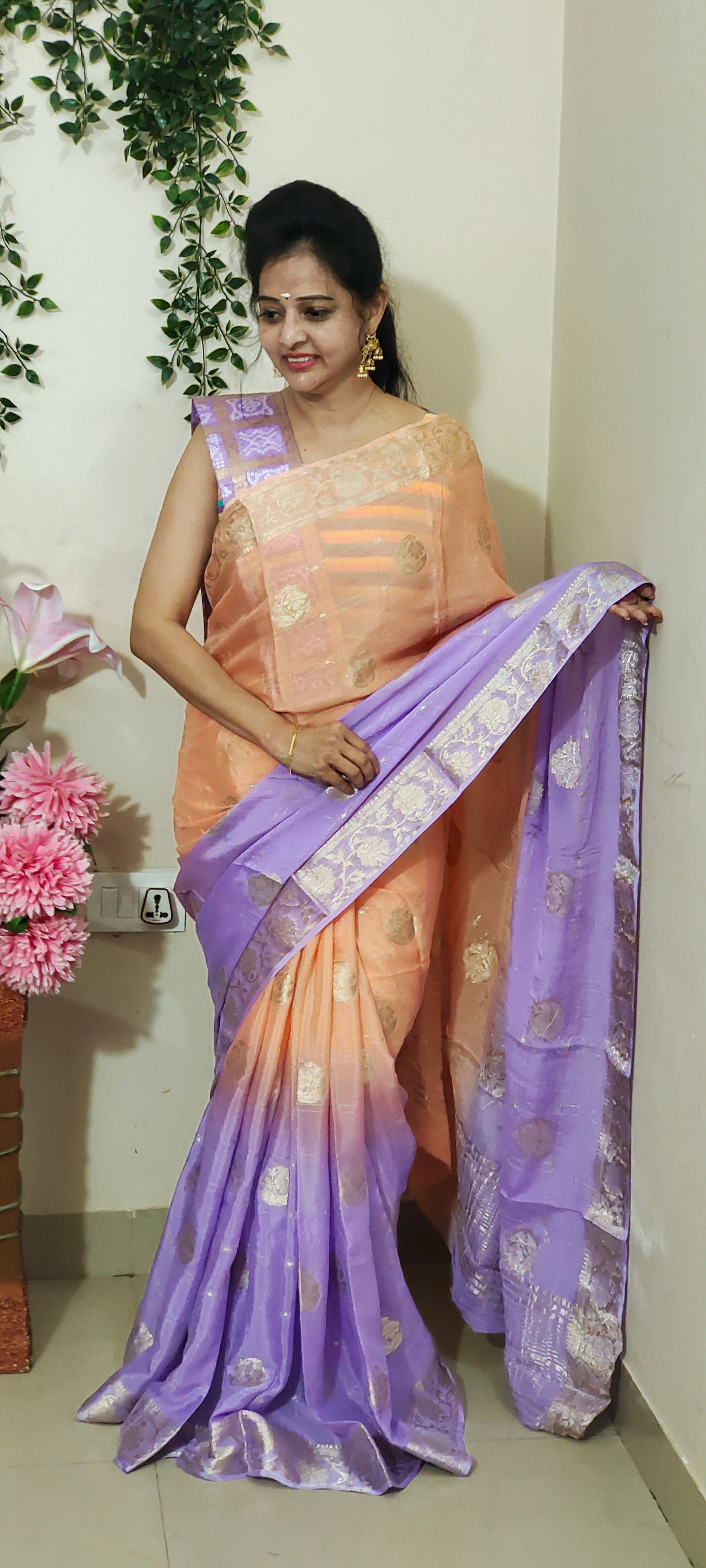 PURE CHINNON KANAKAMBARAM COLOUR SAREE WITH PURPLE COMBINATION