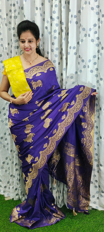 Royal Purple Traditional Silk Saree with Yellow Contrast