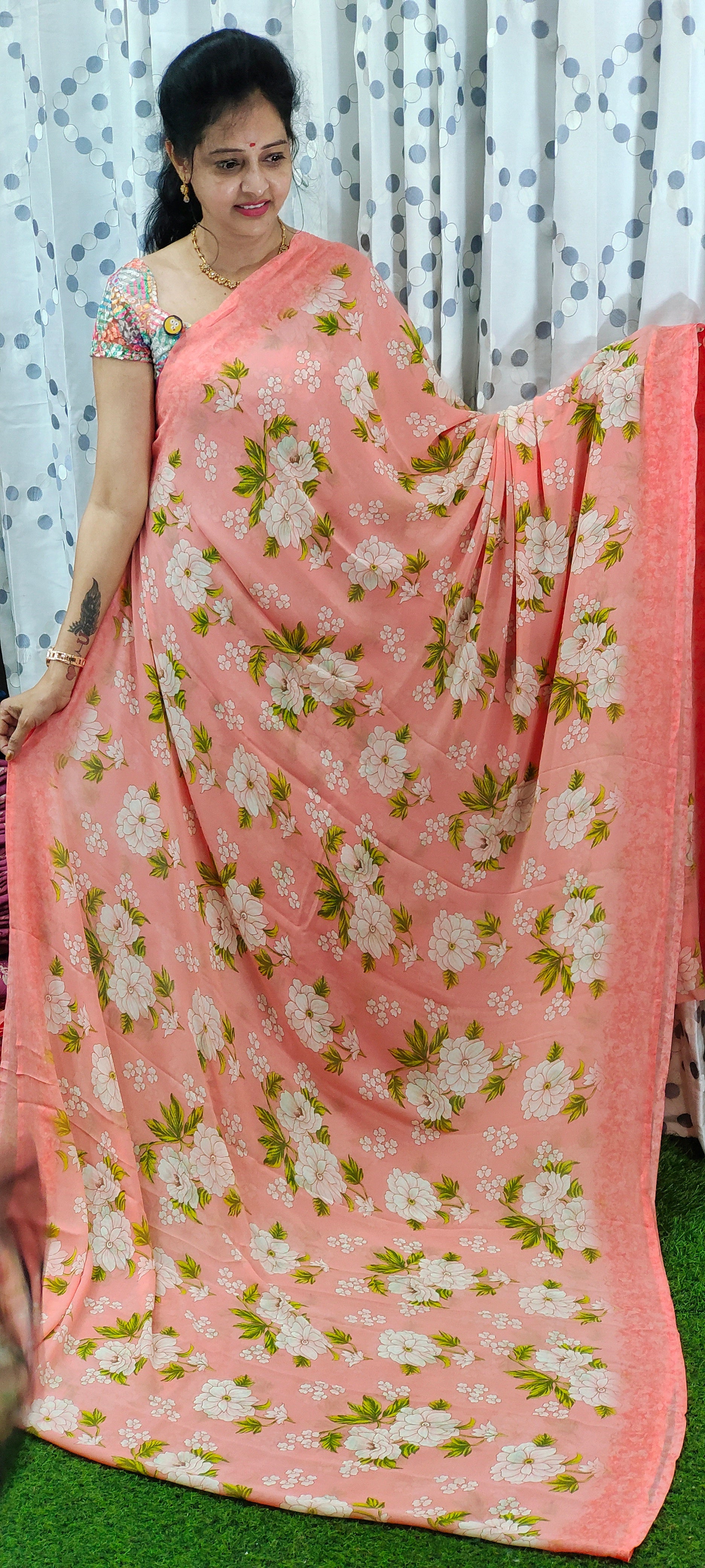 Georgette saree  peach pink color