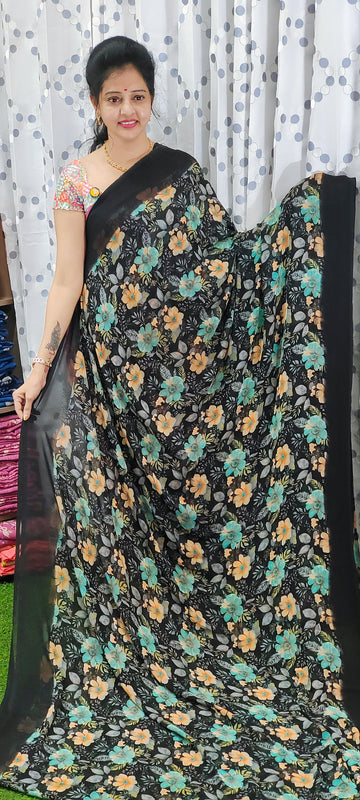 Georgette aqua blue and peach floral prints