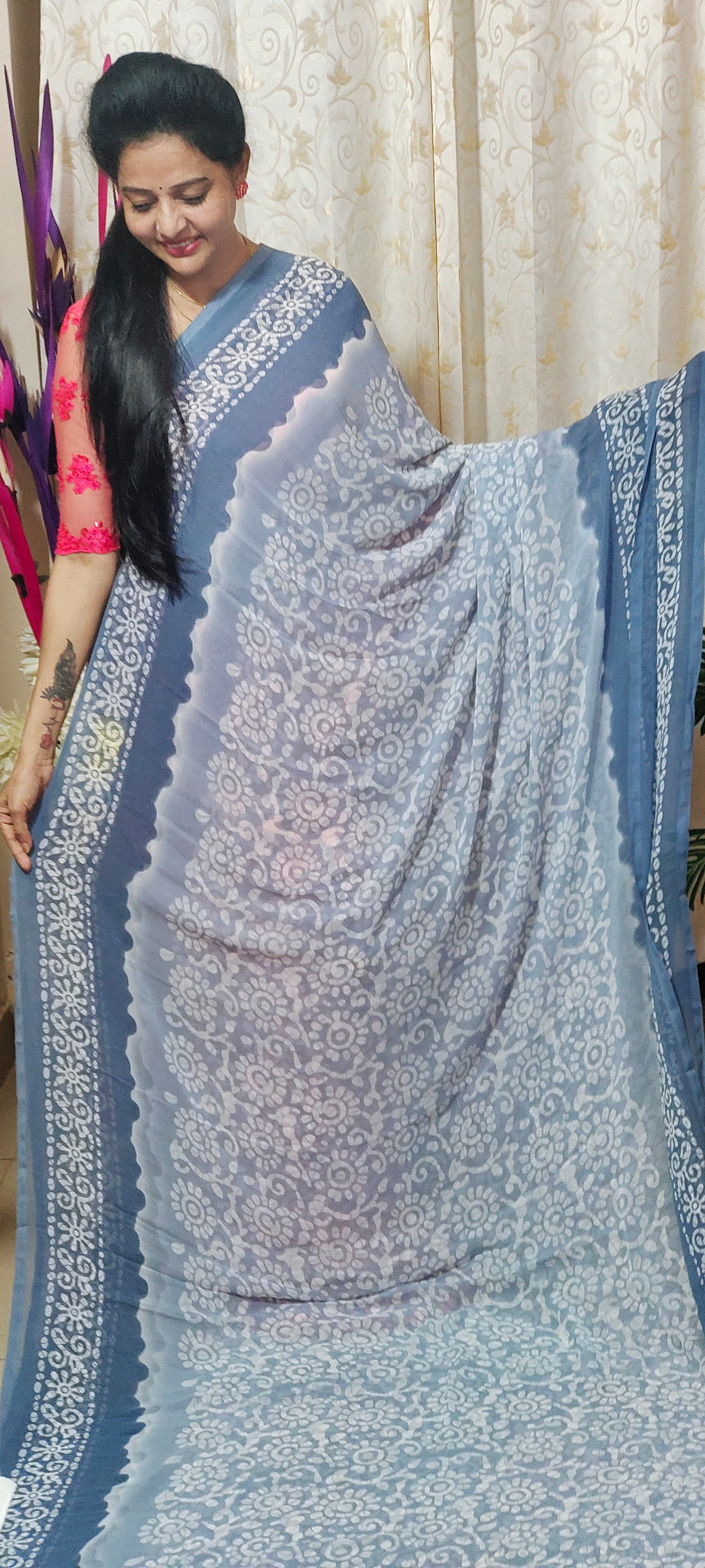 LIGHT CEMENT GORGETTE SAREE
