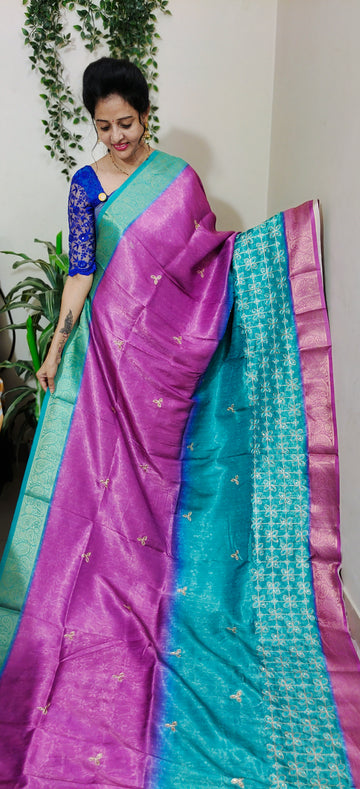 peacock blue and purple colour saree