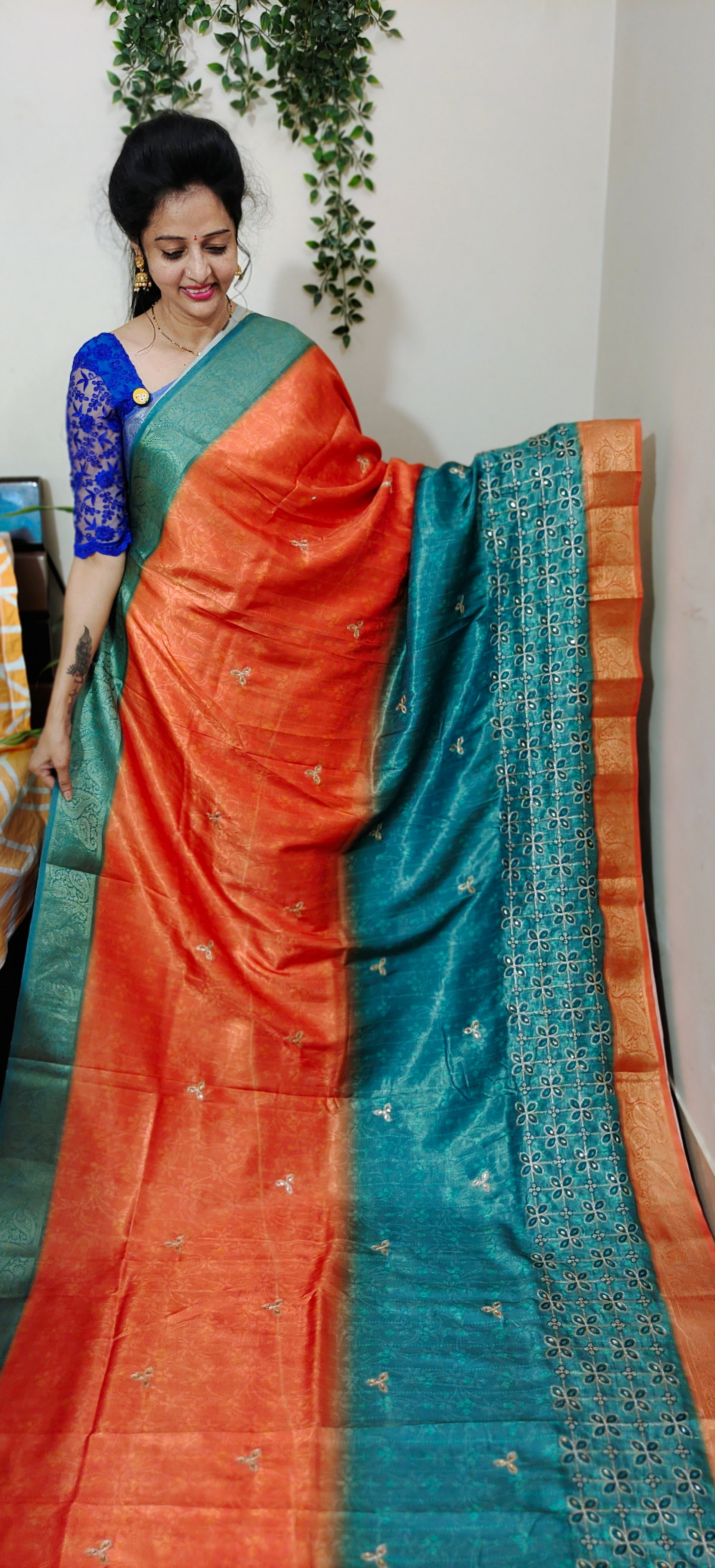 orange AND PEACOCK GREEN COLOUR SAREE