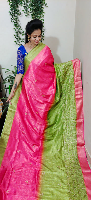GREEN AND PEACH PINK COLOUR SAREE