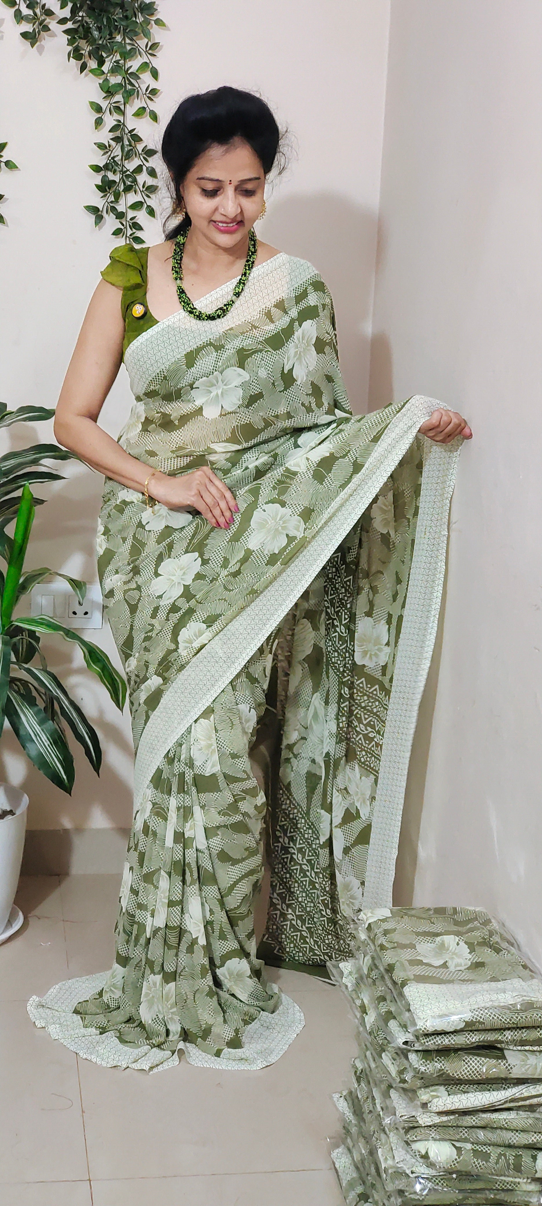 mahandi green colour saree