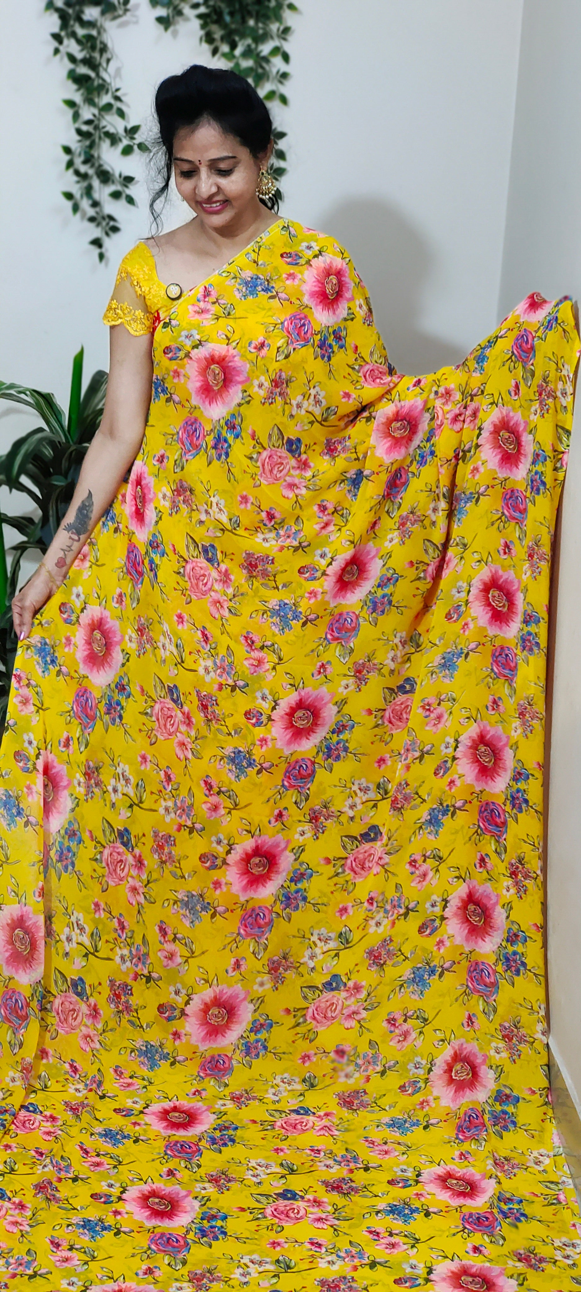 yellow colour georgette saree