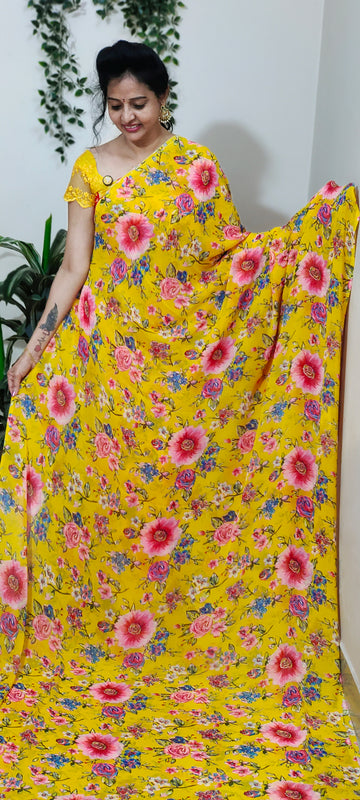 yellow colour georgette saree