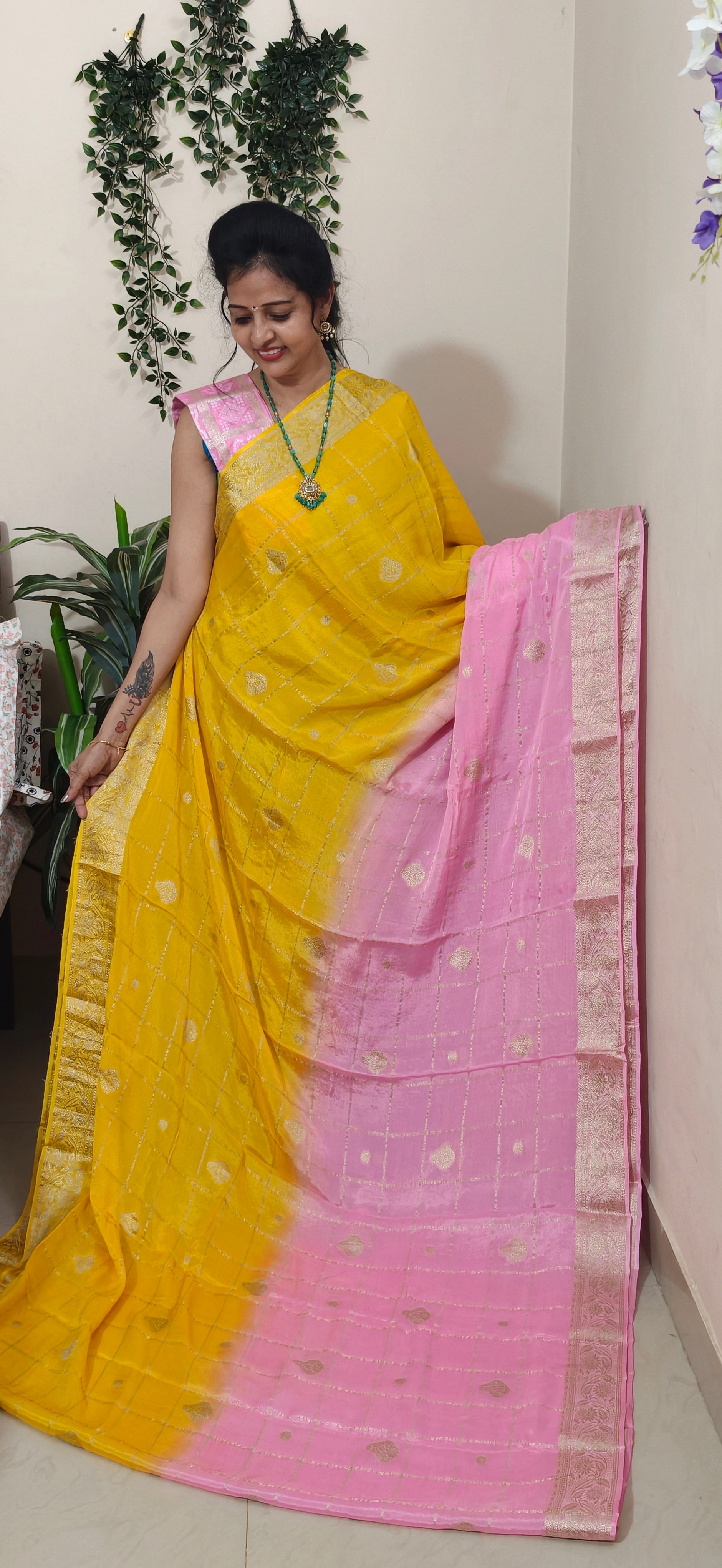 YELLOW WITH PINK CHINNON SAREE