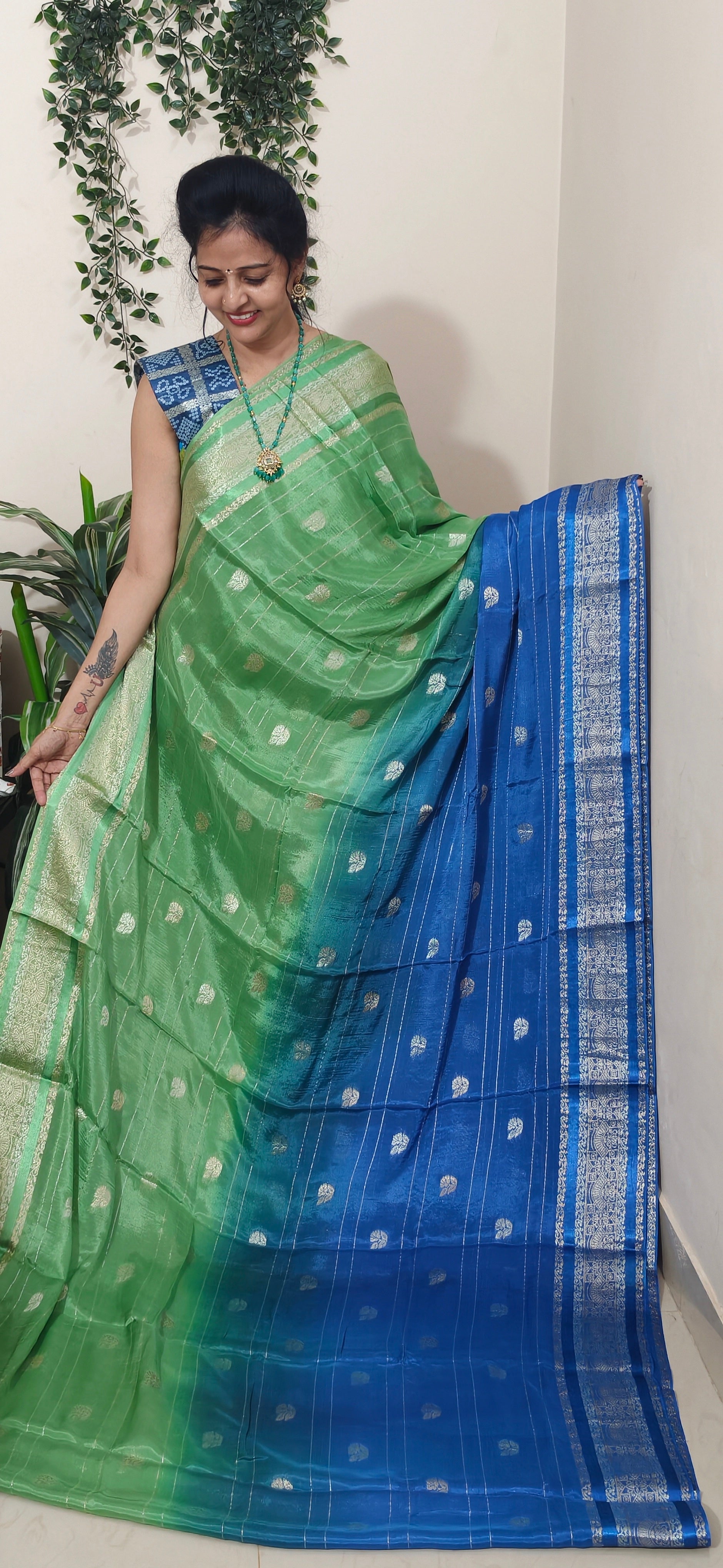 GREEN WITH BLUE COLUR CHINNON SAREE