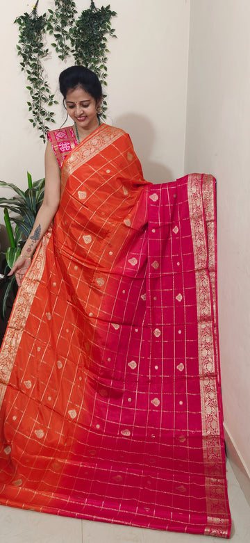 RED WITH ORANGE CHINNON SAREE