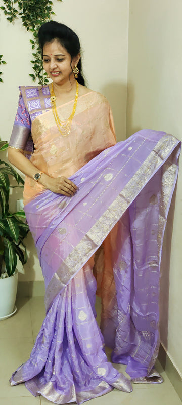 CREAM WITH PURPLE COLUR CHINNON SAREE